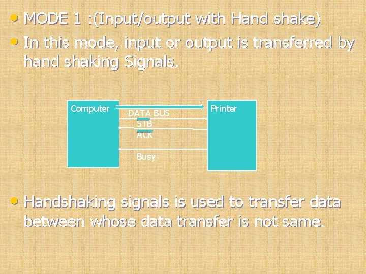  • MODE 1 : (Input/output with Hand shake) • In this mode, input