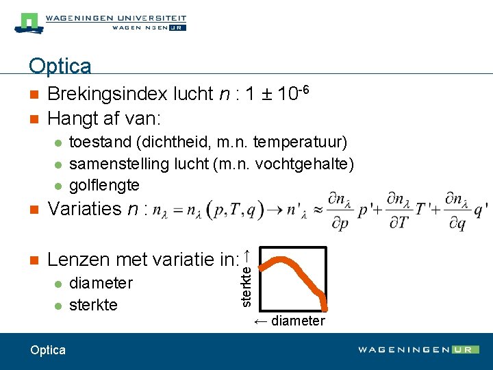 Optica n n Brekingsindex lucht n : 1 ± 10 -6 Hangt af van: