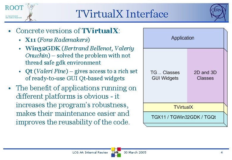 TVirtual. X Interface • Concrete versions of TVirtual. X: • X 11 (Fons Rademakers)