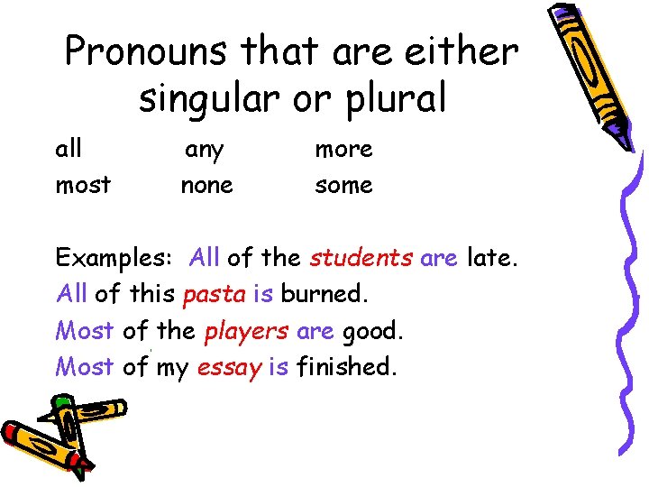 Pronouns that are either singular or plural all most any none more some Examples: