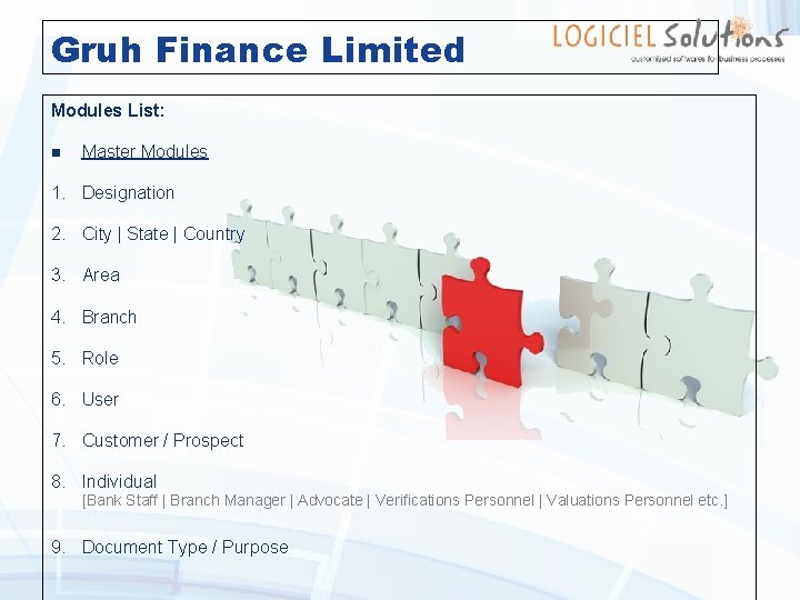 Gruh Finance Limited Modules List: n Master Modules 1. Designation 2. City | State