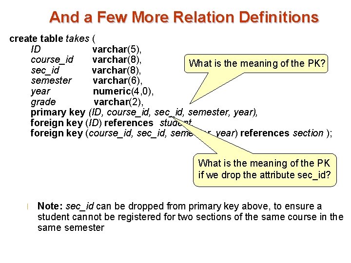 And a Few More Relation Definitions create table takes ( ID varchar(5), course_id varchar(8),