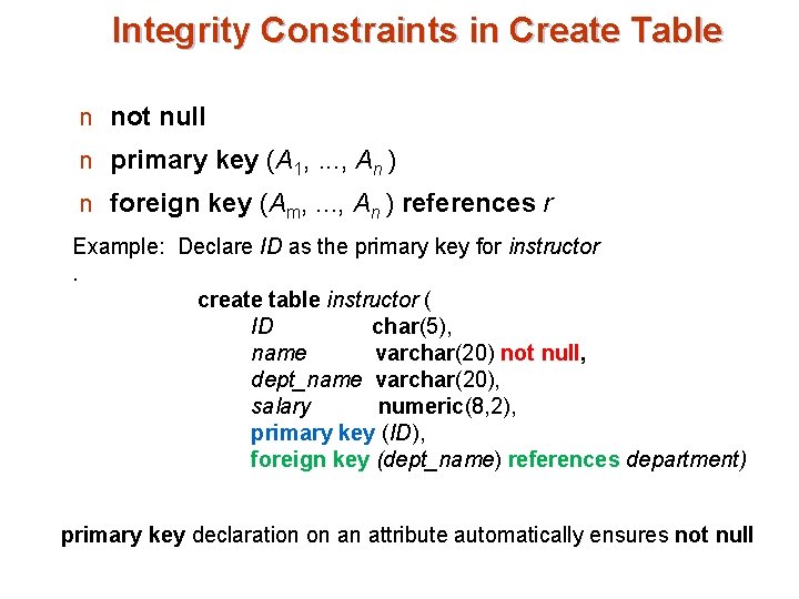 Integrity Constraints in Create Table n not null n primary key (A 1, .