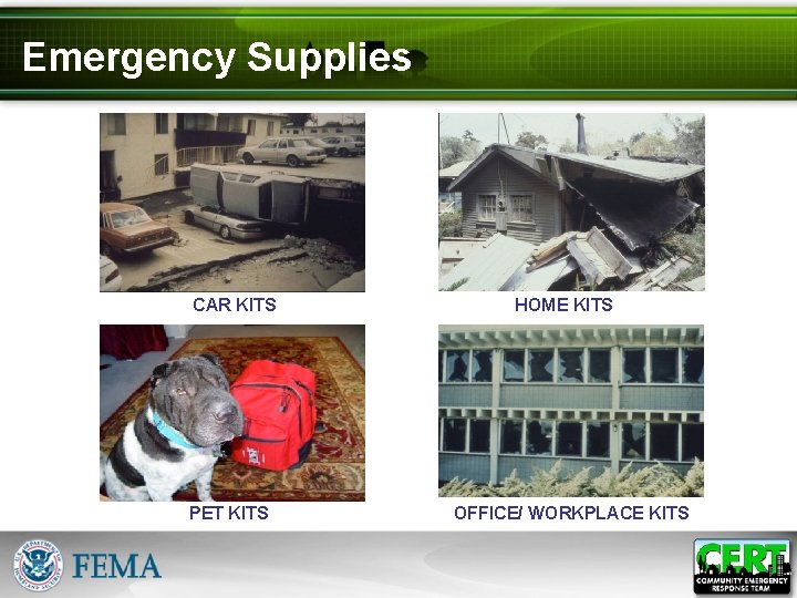 Emergency Supplies CAR KITS PET KITS HOME KITS OFFICE/ WORKPLACE KITS 