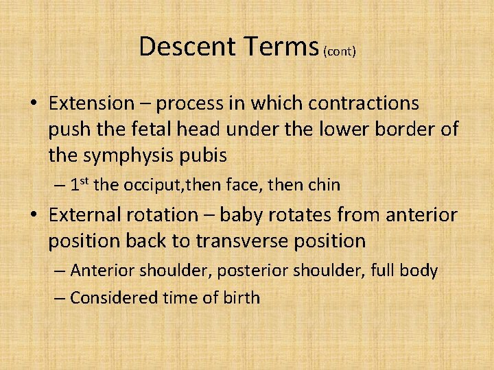 Descent Terms (cont) • Extension – process in which contractions push the fetal head
