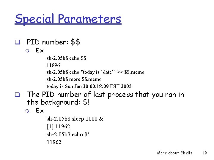 Special Parameters q PID number: $$ m Ex: sh-2. 05 b$ echo $$ 11896