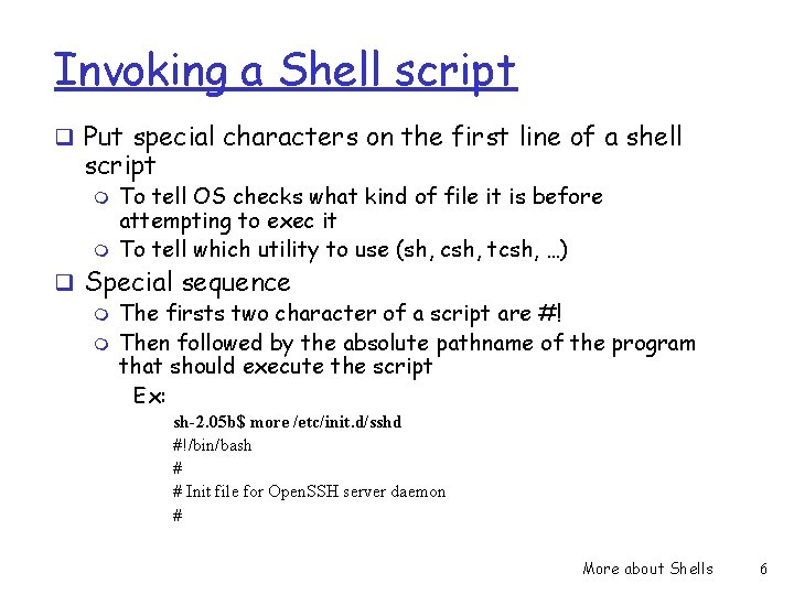 Invoking a Shell script q Put special characters on the first line of a