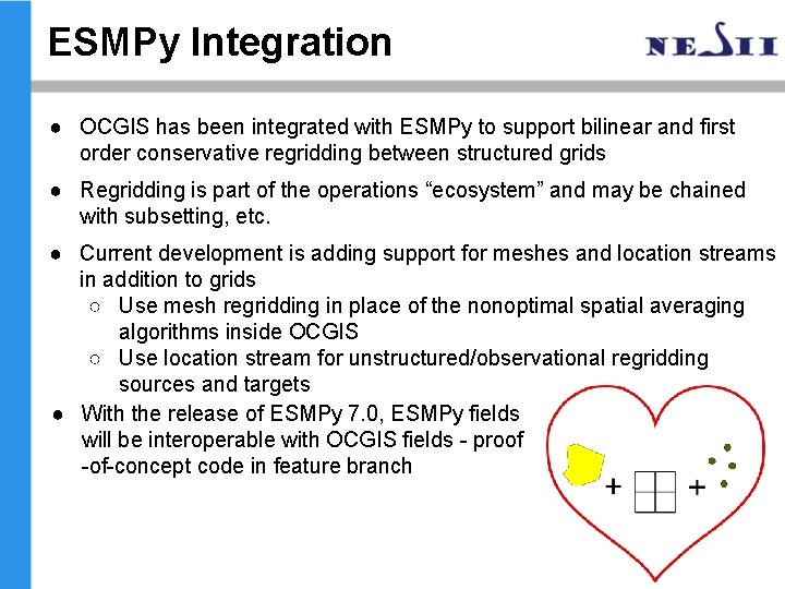 ESMPy Integration ● OCGIS has been integrated with ESMPy to support bilinear and first ESMPy Integration ● OCGIS has been integrated with ESMPy to support bilinear and first