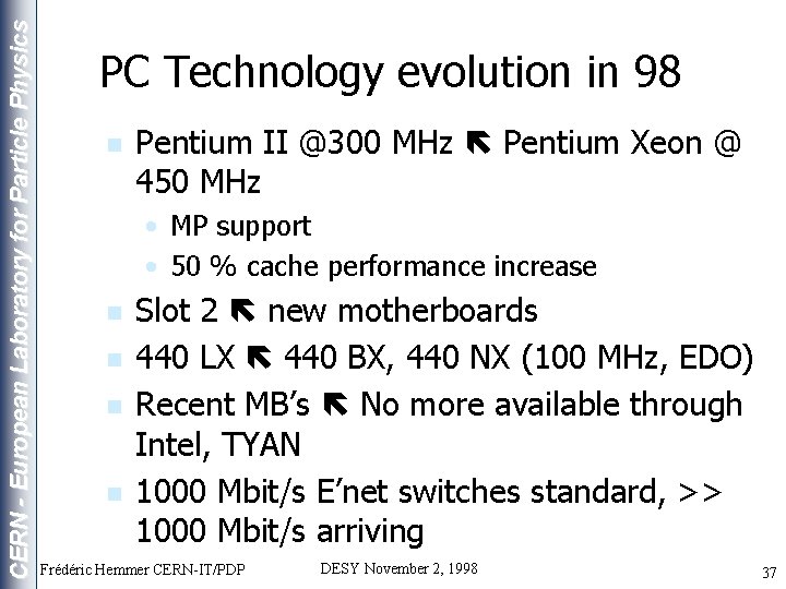 CERN - European Laboratory for Particle Physics PC Technology evolution in 98 n Pentium