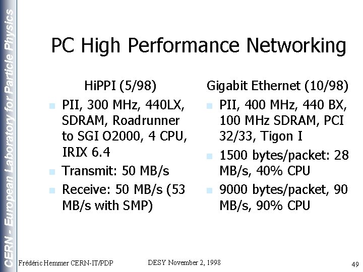 CERN - European Laboratory for Particle Physics PC High Performance Networking n n n