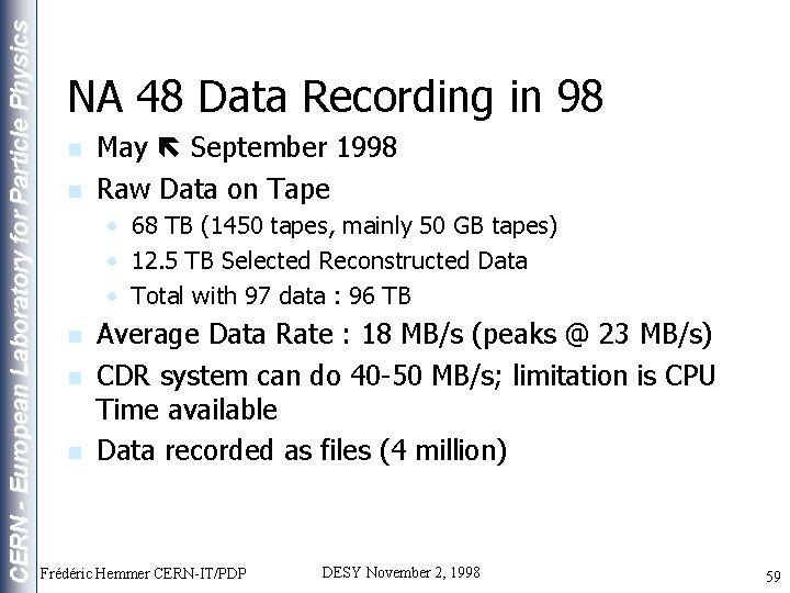 CERN - European Laboratory for Particle Physics NA 48 Data Recording in 98 n
