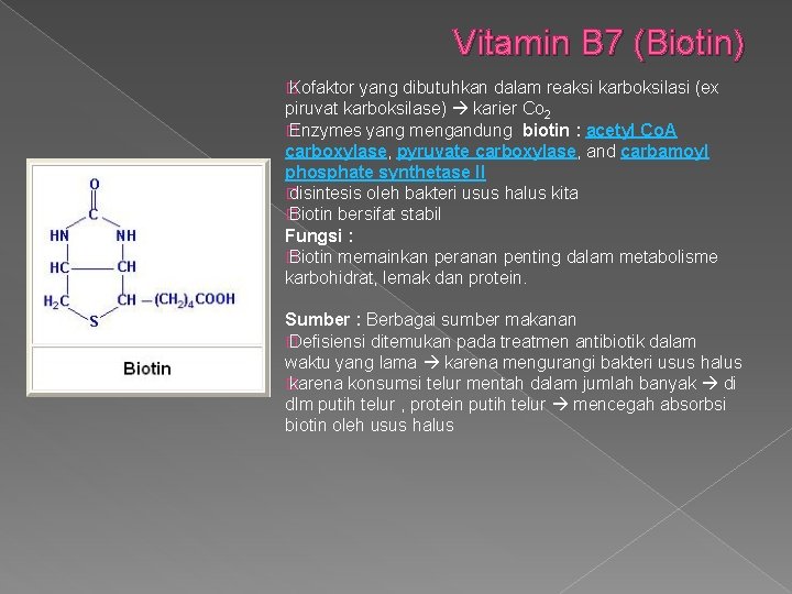 Vitamin B 7 (Biotin) � Kofaktor yang dibutuhkan dalam reaksi karboksilasi (ex piruvat karboksilase)