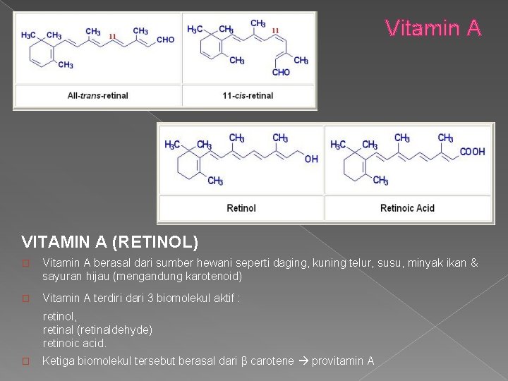 Vitamin A VITAMIN A (RETINOL) � Vitamin A berasal dari sumber hewani seperti daging,