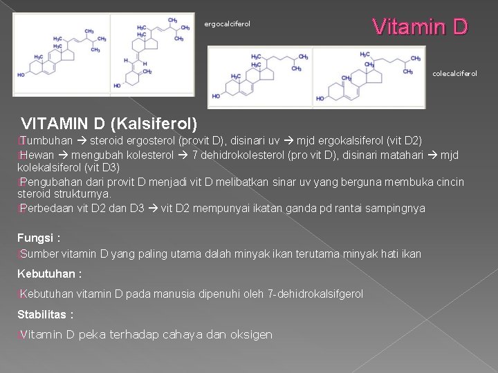 ergocalciferol Vitamin D colecalciferol VITAMIN D (Kalsiferol) � Tumbuhan steroid ergosterol (provit D), disinari