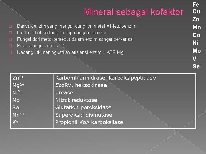 Mineral sebagai kofaktor � � � Banyak enzim yang mengandung ion metal = Metaloenzim