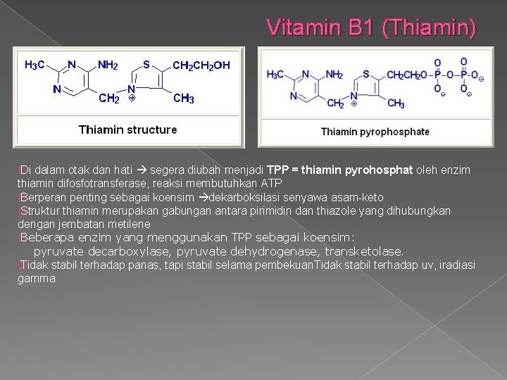 Vitamin B 1 (Thiamin) � Di dalam otak dan hati segera diubah menjadi TPP
