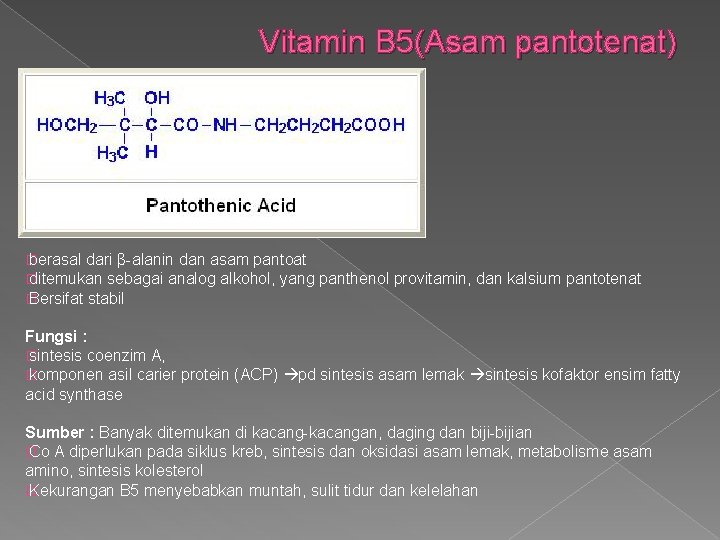 Vitamin B 5(Asam pantotenat) � berasal dari β-alanin dan asam pantoat � ditemukan sebagai