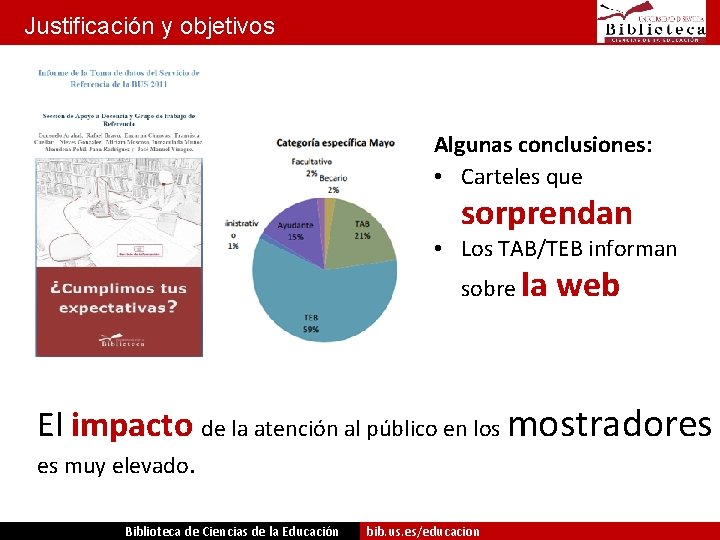 Justificación y objetivos Algunas conclusiones: • Carteles que sorprendan • Los TAB/TEB informan sobre