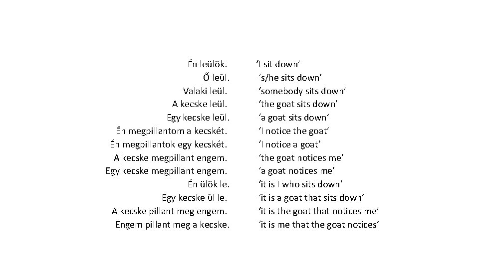  Én leülök. Ő leül. Valaki leül. A kecske leül. Egy kecske leül. Én