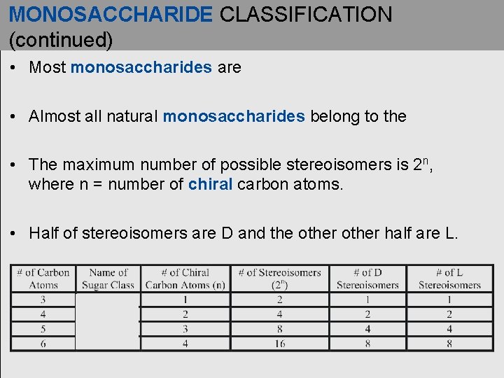 MONOSACCHARIDE CLASSIFICATION (continued) • Most monosaccharides are • Almost all natural monosaccharides belong to