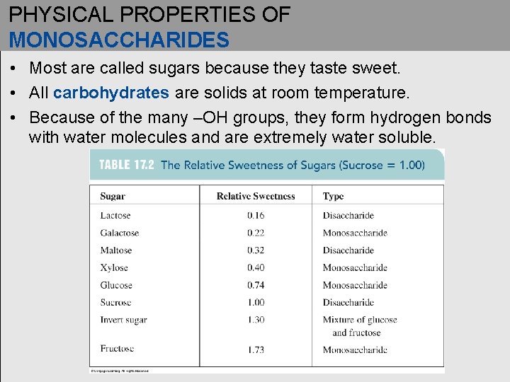PHYSICAL PROPERTIES OF MONOSACCHARIDES • Most are called sugars because they taste sweet. •