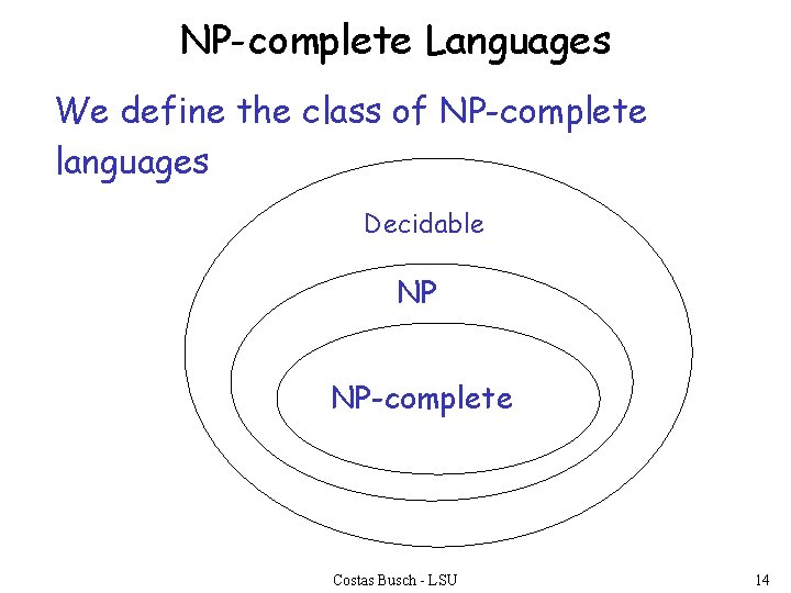 NP-complete Languages We define the class of NP-complete languages Decidable NP NP-complete Costas Busch
