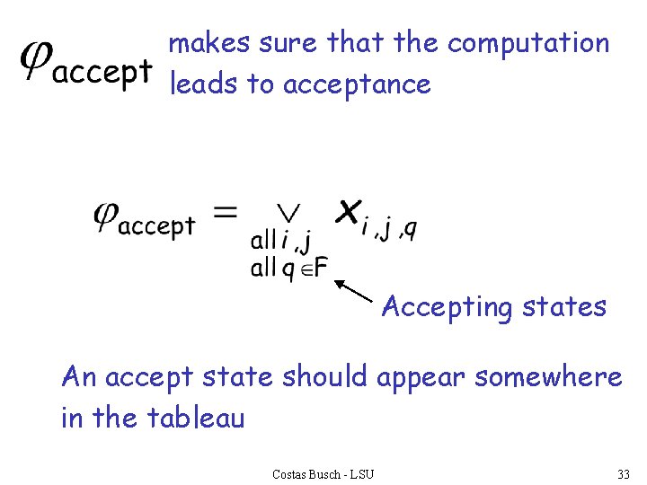 makes sure that the computation leads to acceptance Accepting states An accept state should