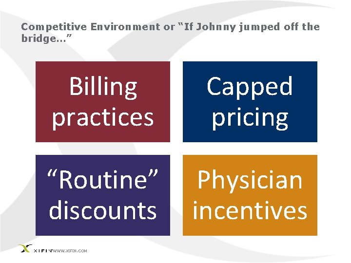 Competitive Environment or “If Johnny jumped off the bridge…” Billing practices Capped pricing “Routine”