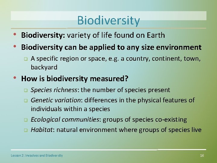 Biodiversity • Biodiversity: variety of life found on Earth • Biodiversity can be applied