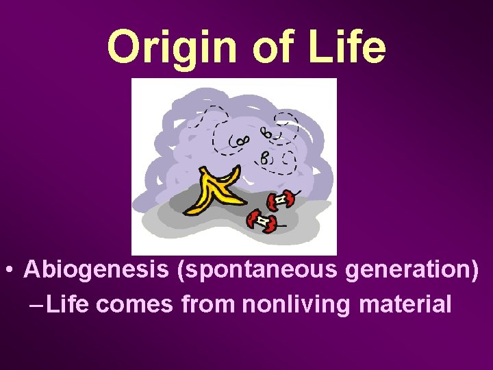 Origin of Life • Abiogenesis (spontaneous generation) – Life comes from nonliving material 