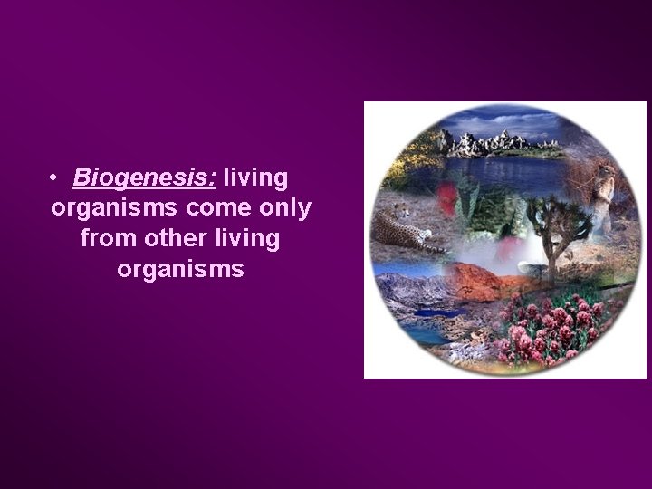  • Biogenesis: living organisms come only from other living organisms 