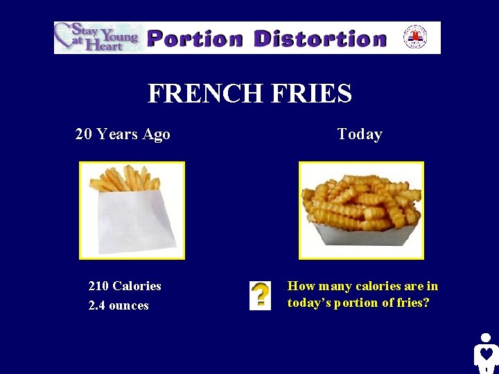 FRENCH FRIES 20 Years Ago Today 210 Calories 2. 4 ounces How many calories