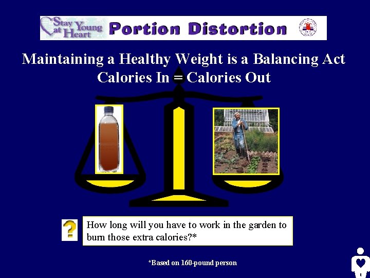 Maintaining a Healthy Weight is a Balancing Act Calories In = Calories Out How