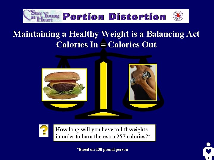 Maintaining a Healthy Weight is a Balancing Act Calories In = Calories Out How