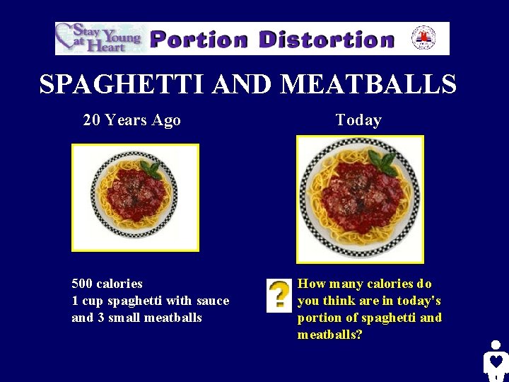 SPAGHETTI AND MEATBALLS 20 Years Ago 500 calories 1 cup spaghetti with sauce and