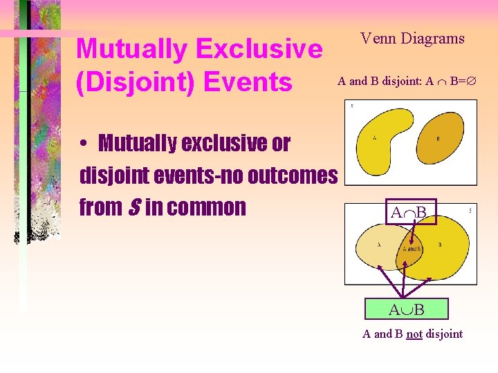 Mutually Exclusive (Disjoint) Events Venn Diagrams A and B disjoint: A B= • Mutually