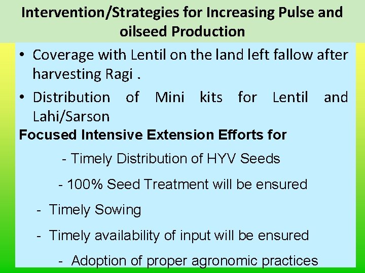 Intervention/Strategies for Increasing Pulse and oilseed Production • Coverage with Lentil on the land