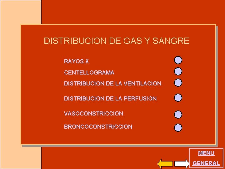 DISTRIBUCION DE GAS Y SANGRE RAYOS X . CENTELLOGRAMA DISTRIBUCION DE LA VENTILACION DISTRIBUCION