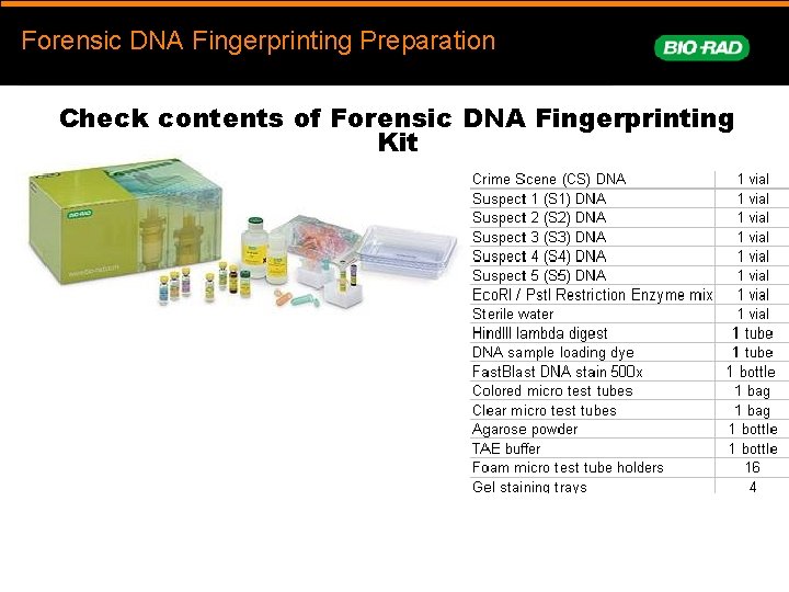 Forensic DNA Fingerprinting Preparation Check contents of Forensic DNA Fingerprinting Kit 
