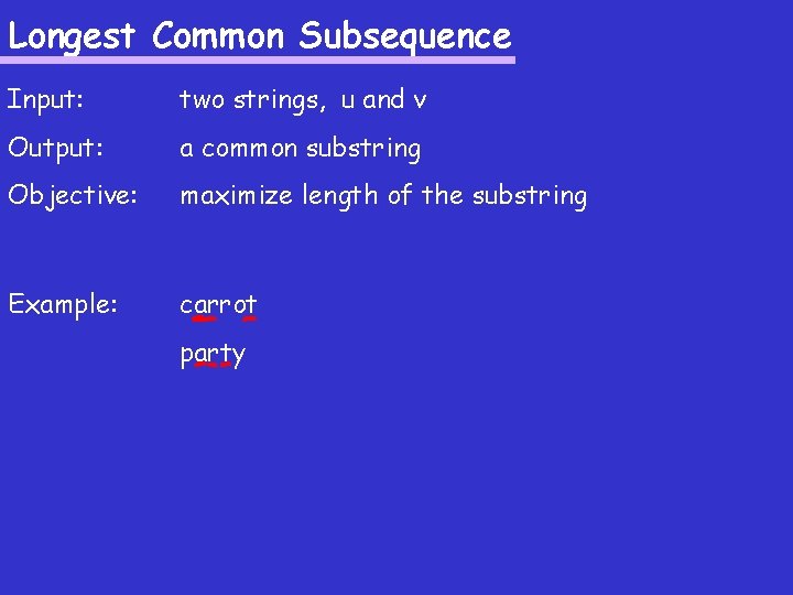 Longest Common Subsequence Input: two strings, u and v Output: a common substring Objective: Longest Common Subsequence Input: two strings, u and v Output: a common substring Objective: