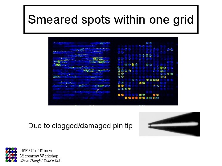 Smeared spots within one grid Due to clogged/damaged pin tip NSF / U of
