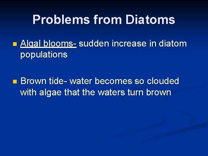 Problems from Diatoms n Algal blooms- sudden increase in diatom populations n Brown tide-