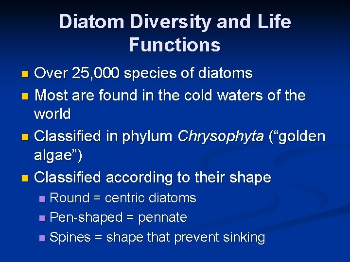 Diatom Diversity and Life Functions Over 25, 000 species of diatoms n Most are
