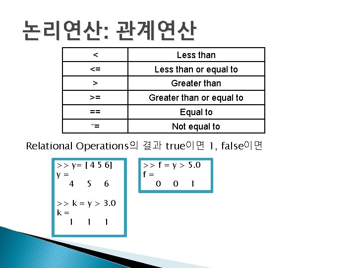 논리연산: 관계연산 < Less than <= Less than or equal to > Greater than