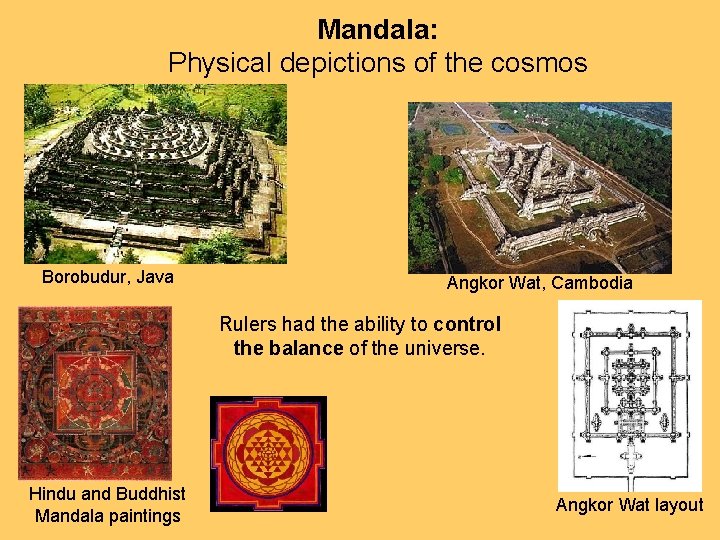 Mandala: Physical depictions of the cosmos Borobudur, Java Angkor Wat, Cambodia Rulers had the