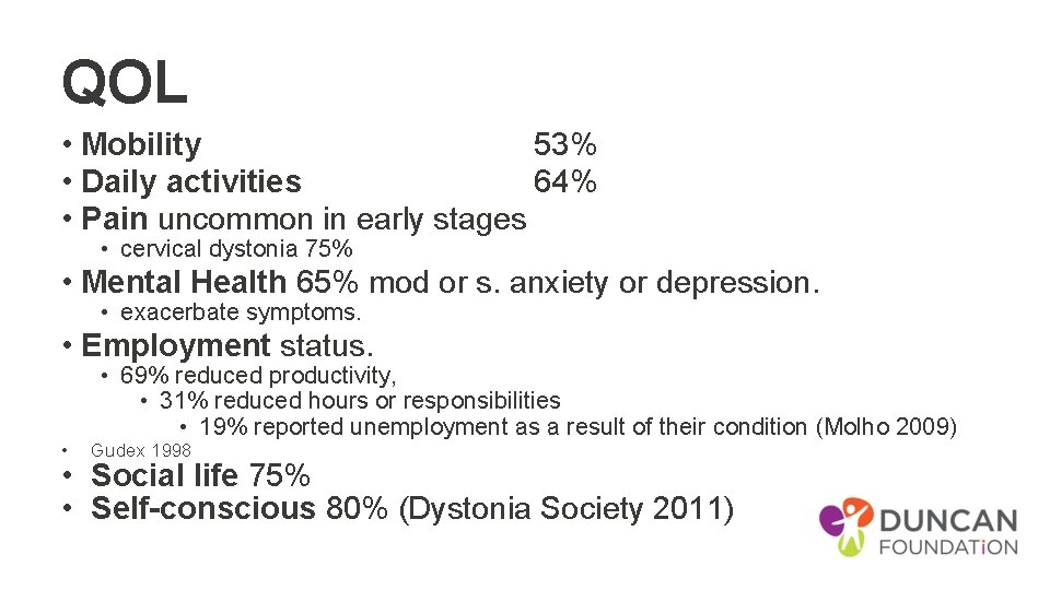 QOL • Mobility 53% • Daily activities 64% • Pain uncommon in early stages