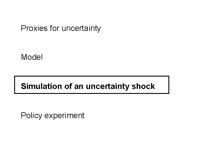 Proxies for uncertainty Model Simulation of an uncertainty shock Policy experiment 