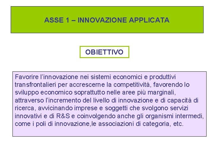 ASSE 1 – INNOVAZIONE APPLICATA OBIETTIVO Favorire l’innovazione nei sistemi economici e produttivi transfrontalieri