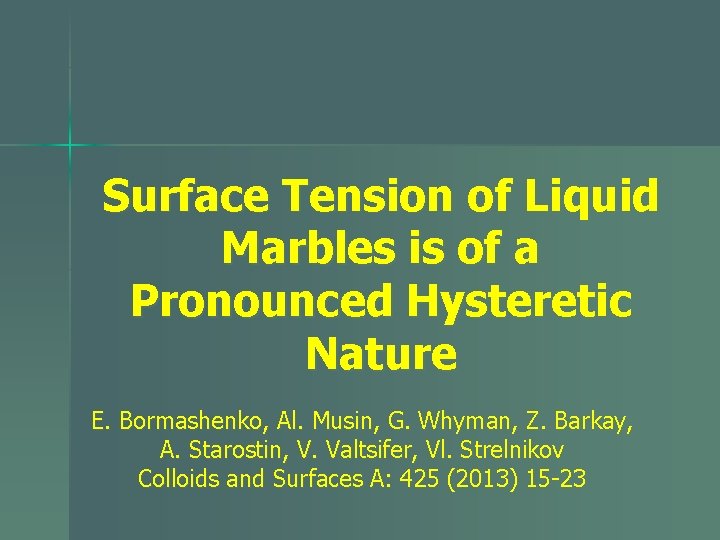 Surface Tension of Liquid Marbles is of a Pronounced Hysteretic Nature E. Bormashenko, Al.