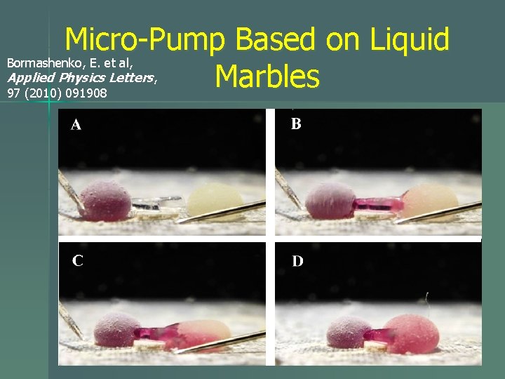 Micro-Pump Based on Liquid Bormashenko, E. et al, Applied Physics Letters, Marbles 97 (2010)